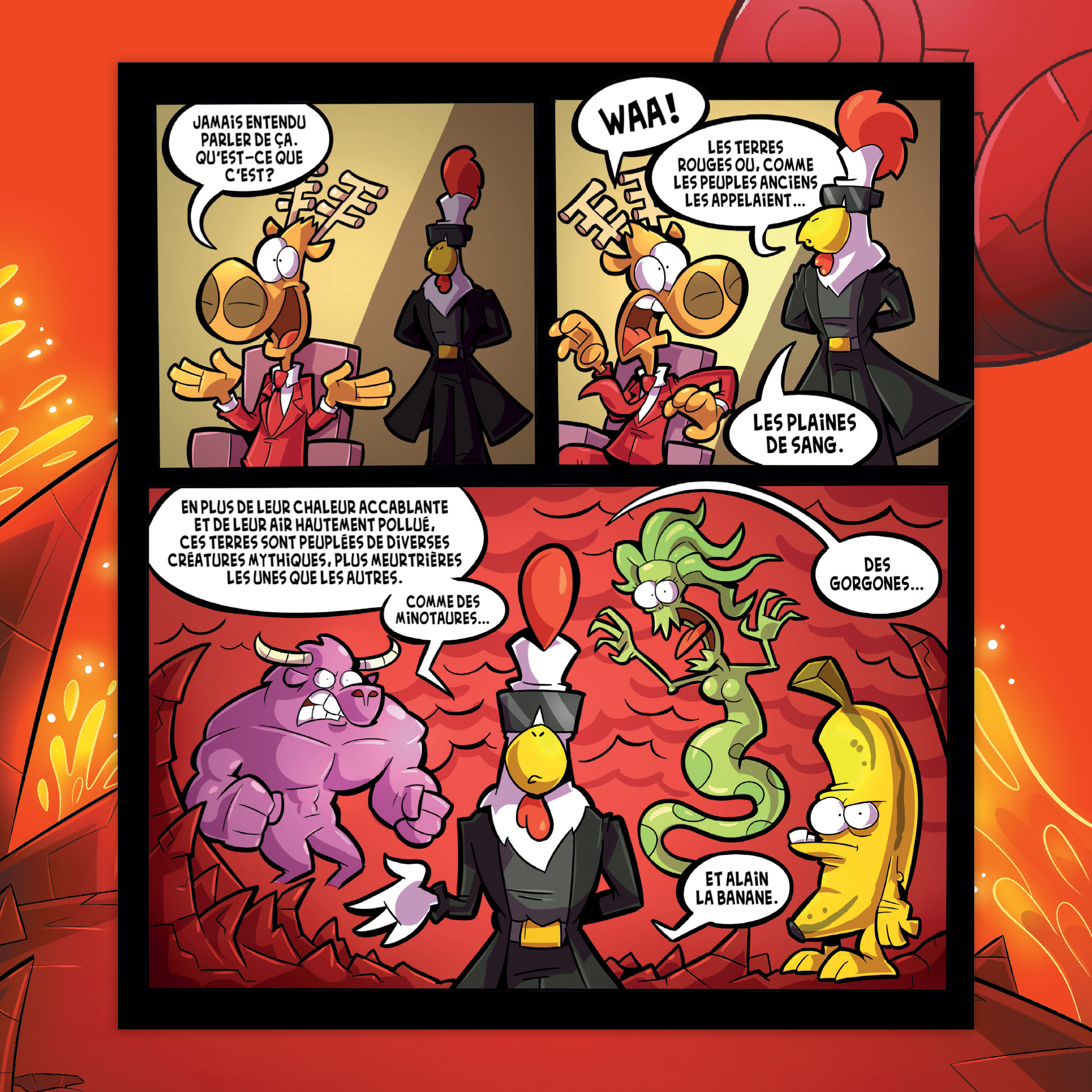 Planche de BD de L’Agent Jean, tome 4 - La prophétie des quatre avec des personnages discutant des Terres Rouges et des créatures mythiques qui y vivent.