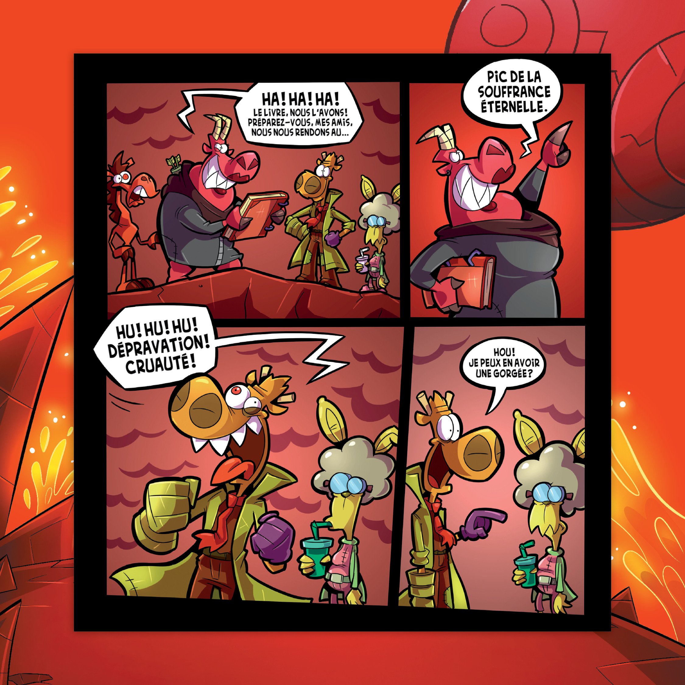 Autre planche du même livre avec des personnages découvrant le “Pic de la souffrance éternelle”.